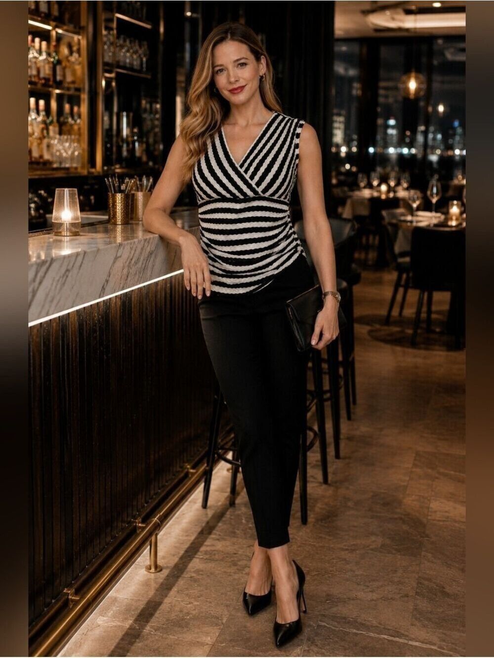 Ann Taylor Black White Striped Textured Wrap Top Small Chic Stretch Blouse - Picture 10 of 10